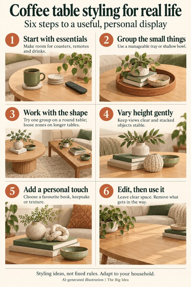 Coffee Table Decorating Ideas from the Experts Six coffee table styling steps: start with essentials, group small things, work with the shape, vary height, add a personal touch and leave clear space.