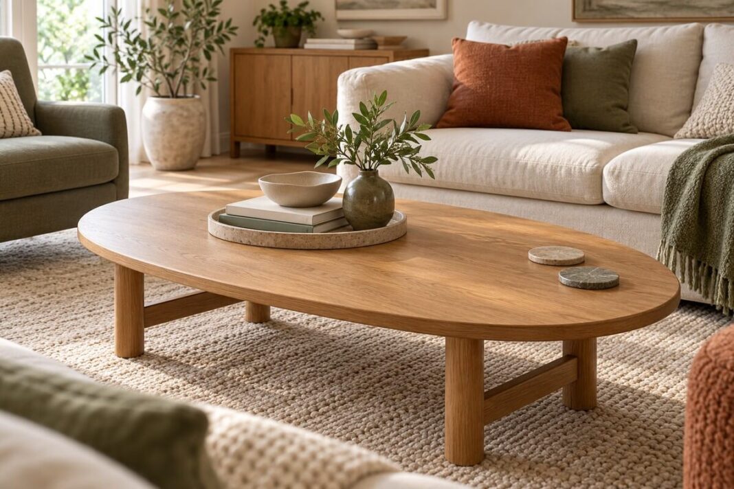 Practical coffee table styling with books and a tray Oval wooden coffee table with a tray of books, a ceramic bowl and a short leafy vase, leaving clear space beside two coasters.
